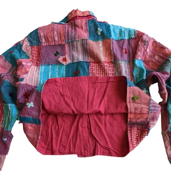 Carrie Allen Shirt Jacket Sz M Cropped Multi Color Patch Work Long Sleeve Lined - Picture 3 of 13